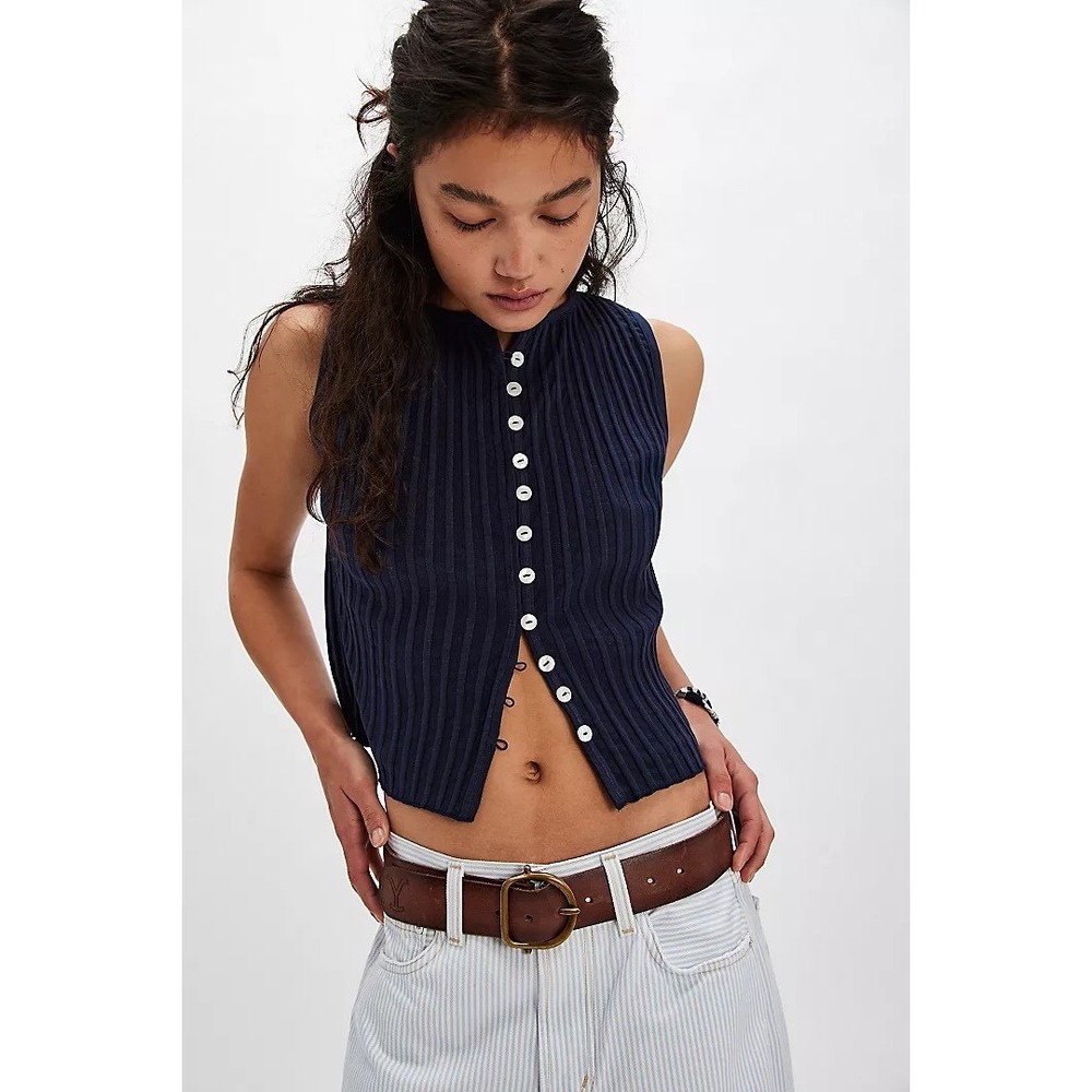 Free People Tilly Vest Ribbed Button Down Tank Top Black Sleeveless Womens M